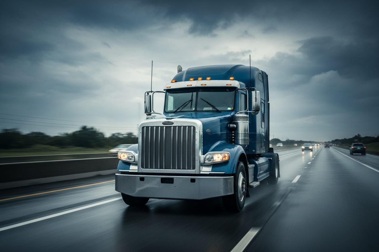 Truck driving safely in rain