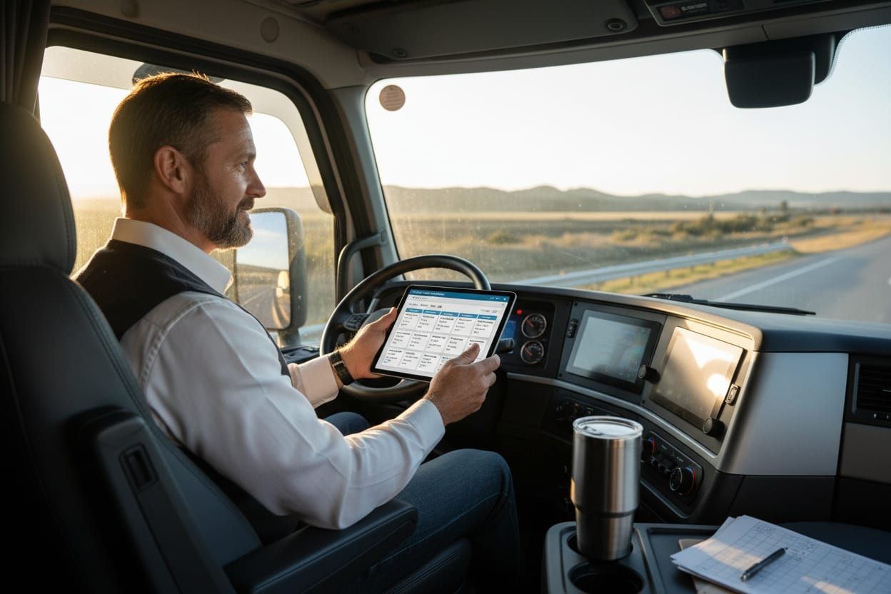 Driver using tablet in cab to find loads
