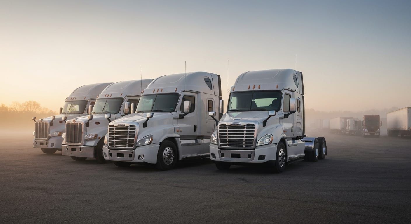 Three trucks at dawn in morning fog