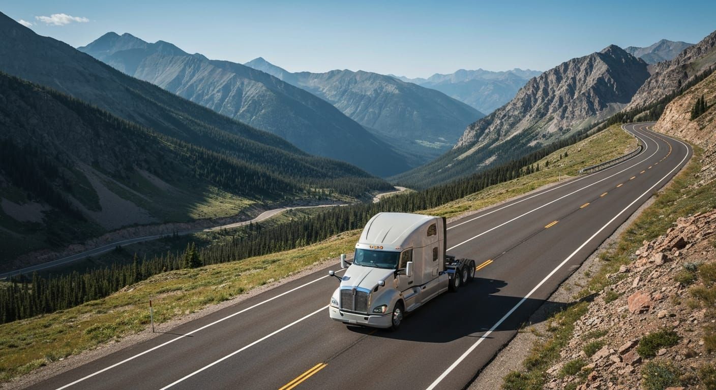 Truck on mountain highway through dramatic landscape