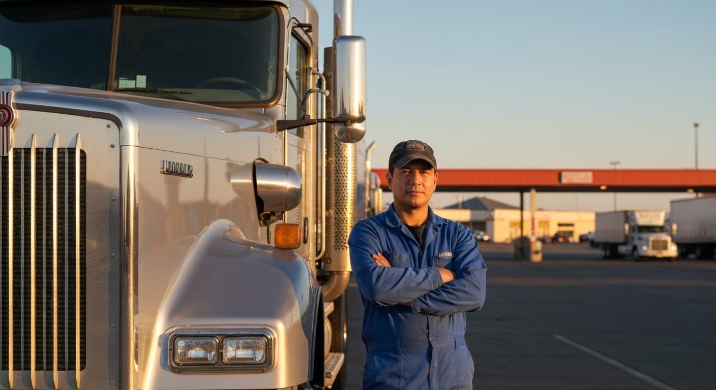 Driver standing proudly next to truck